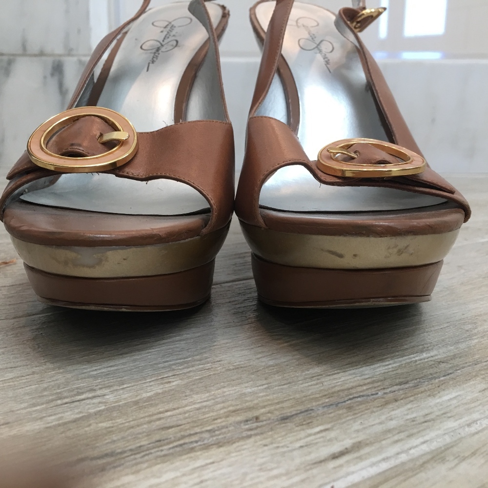 JESSICA SIMPSON LEATHER SLINGBACK PLATFORM SHOES - Picture 3 of 8